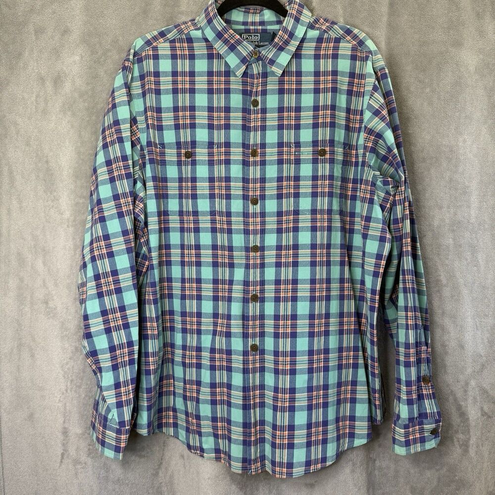 Polo Ralph Lauren Turquoise Plaid Button Up Shirt XXL Long Sleeve Western